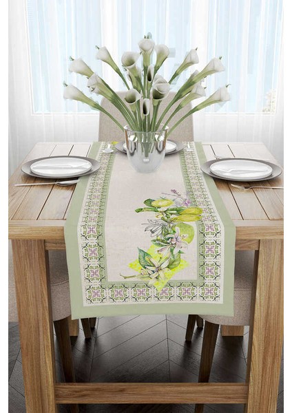 Yeşil Krem Dekoratif Limon Desenli Dijital Baskılı Runner CGH1083-RN fiyatları