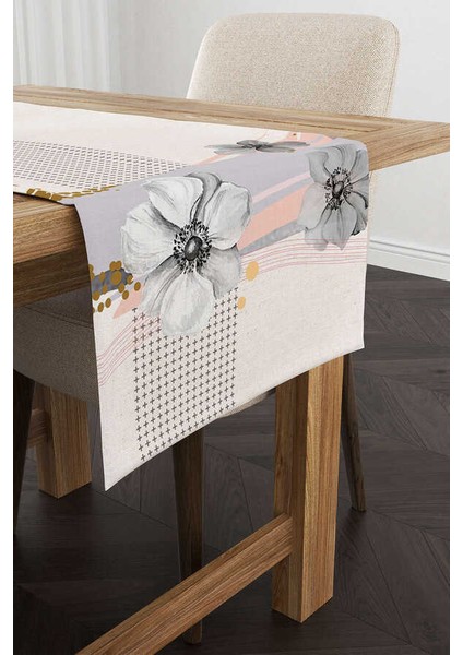 Gri Pembe Modern Çiçek Desenli Dijital Baskılı Runner CGH1085-RN