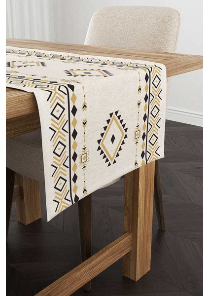 Krem Siyah Etnik Kilim Desenli Dijital Baskılı Runner CGH1086-RN