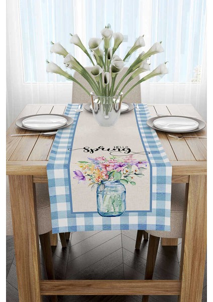 Mavi Beyaz Kareli Bahar Temalı Çiçek Desenli Dijital Baskılı Runner CGH1090-RN fiyatları