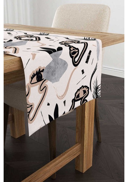 Siyah Krem Renkli Modern Siluet Desenli Dijital Baskılı Runner CGH1098-RN