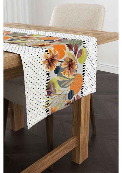 Beyaz Siyah Puantiyeli Tropikal Desenli Dijital Baskılı Runner CGH1104-RN