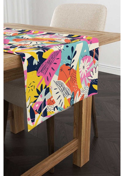 Krem Çok Renkli Tropikal Çiçek Desenli Dijital Baskılı Runner CGH1105-RN