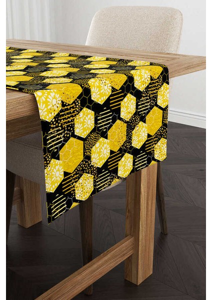 Sarı Siyah Petekli Papatya Desenli Dijital Baskılı Runner CGH1192-RN