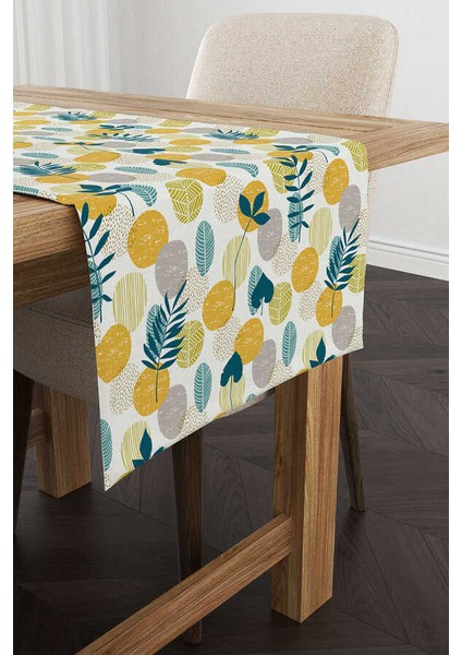 Sarı Yeşil Dekoratif Yaprak Desenli Dijital Baskılı Runner CGH1197-RN