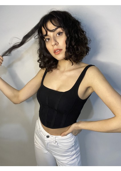 Kadın Siyah Korse Model Crop