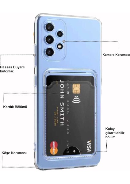 Samsung Galaxy A73 Kapak Kamera Korumalı Kartlıklı Şeffaf Silikon Kılıf modelleri