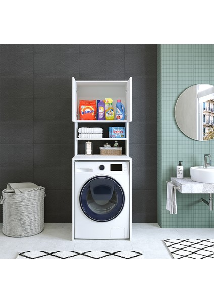 Banos Banyo Roomart Cd9 Çamaşır Makinesi Dolabı 3 Raflı 2 Kapaklı Banyo Dolabı Mat Beyaz-Ahşap