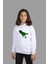 çoçuk Beyaz Kapüşonlu Sweatshirt Dinazor Dijital Baskılı Iki Iplik Içi Şardonlu 1