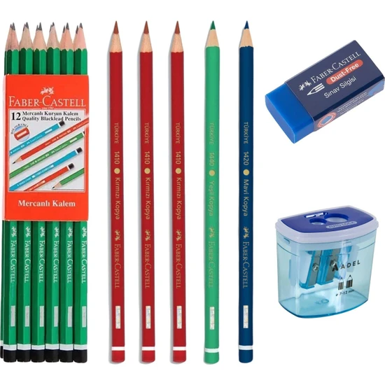 Faber-Castell Kurşun Kalem 12 Adet Kırmızı Yeşil Mavi Kopya Kalemi Kalemtıraş Silgi