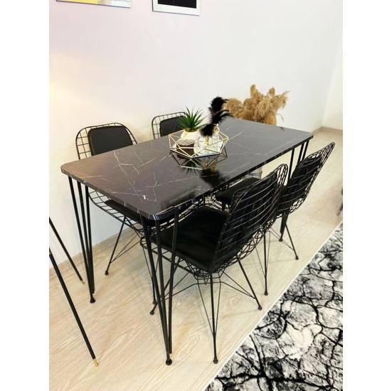 Stone Concept Mobilya Yemek Masa Takımı Mutfak Masası Sırt Minderli 4'lü Tel Sandalye + Masa 60 x 120 cm Siyah