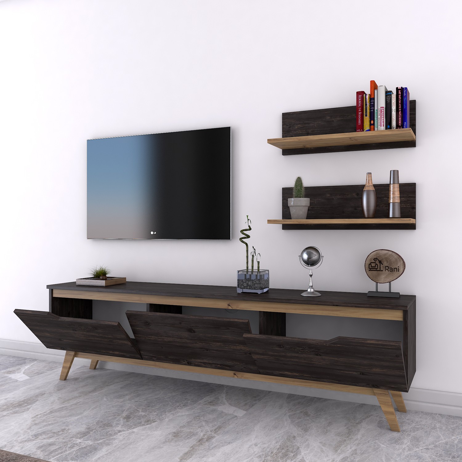 Rani D1 Duvar Raflı Kitaplıklı Tv Ünitesi Ahşap Ayaklı Tv Fiyatı