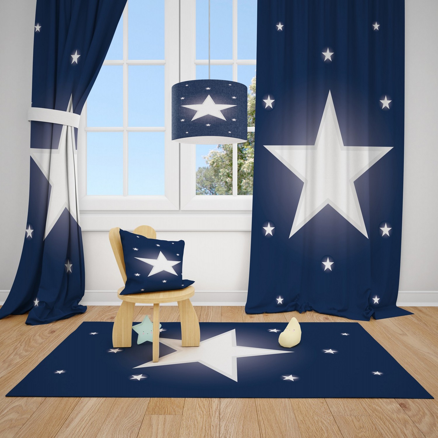 Cici Halı Beyaz Yıldız Lacivert Zemin Çocuk Bebek Odası