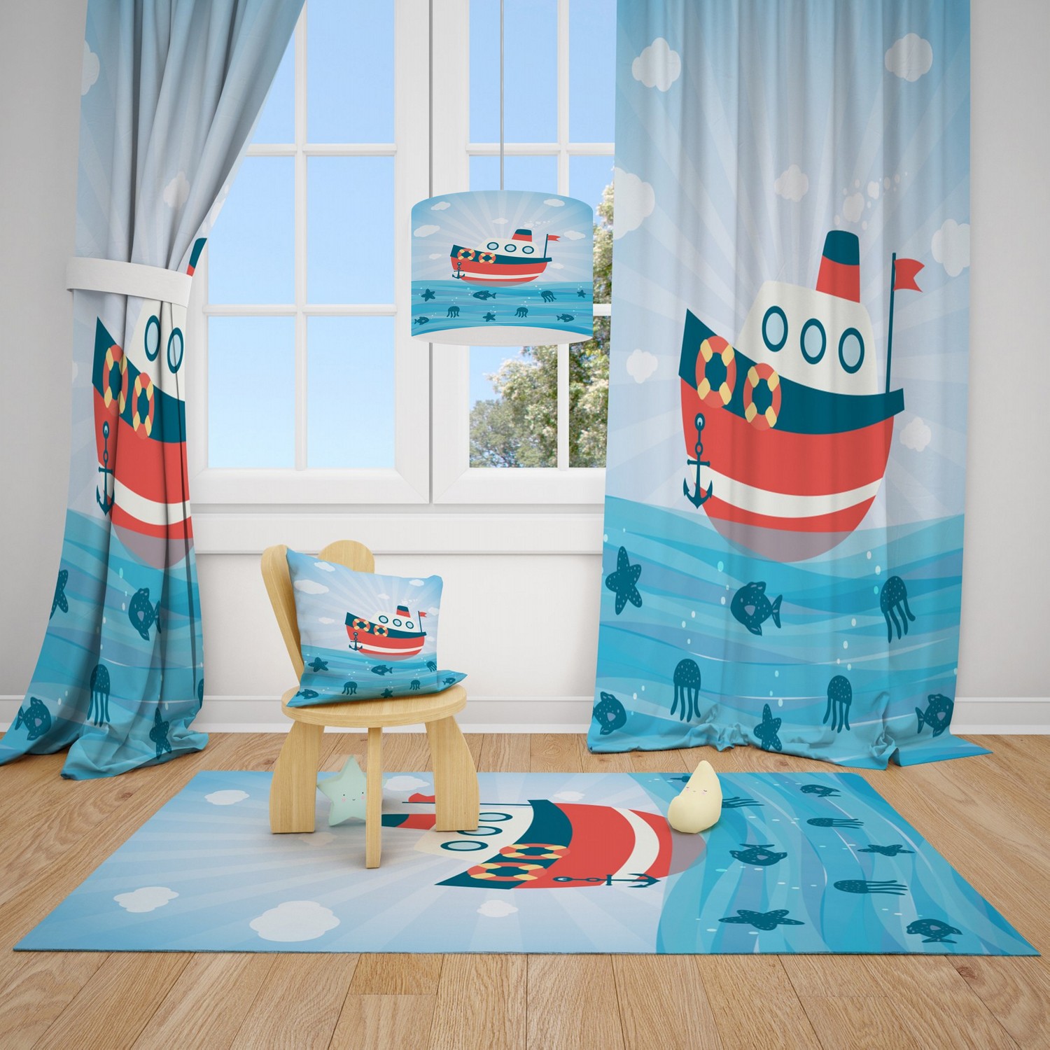 Cici Halı Gemi ve Deniz Temalı Çocuk Bebek Odası Fon Perde