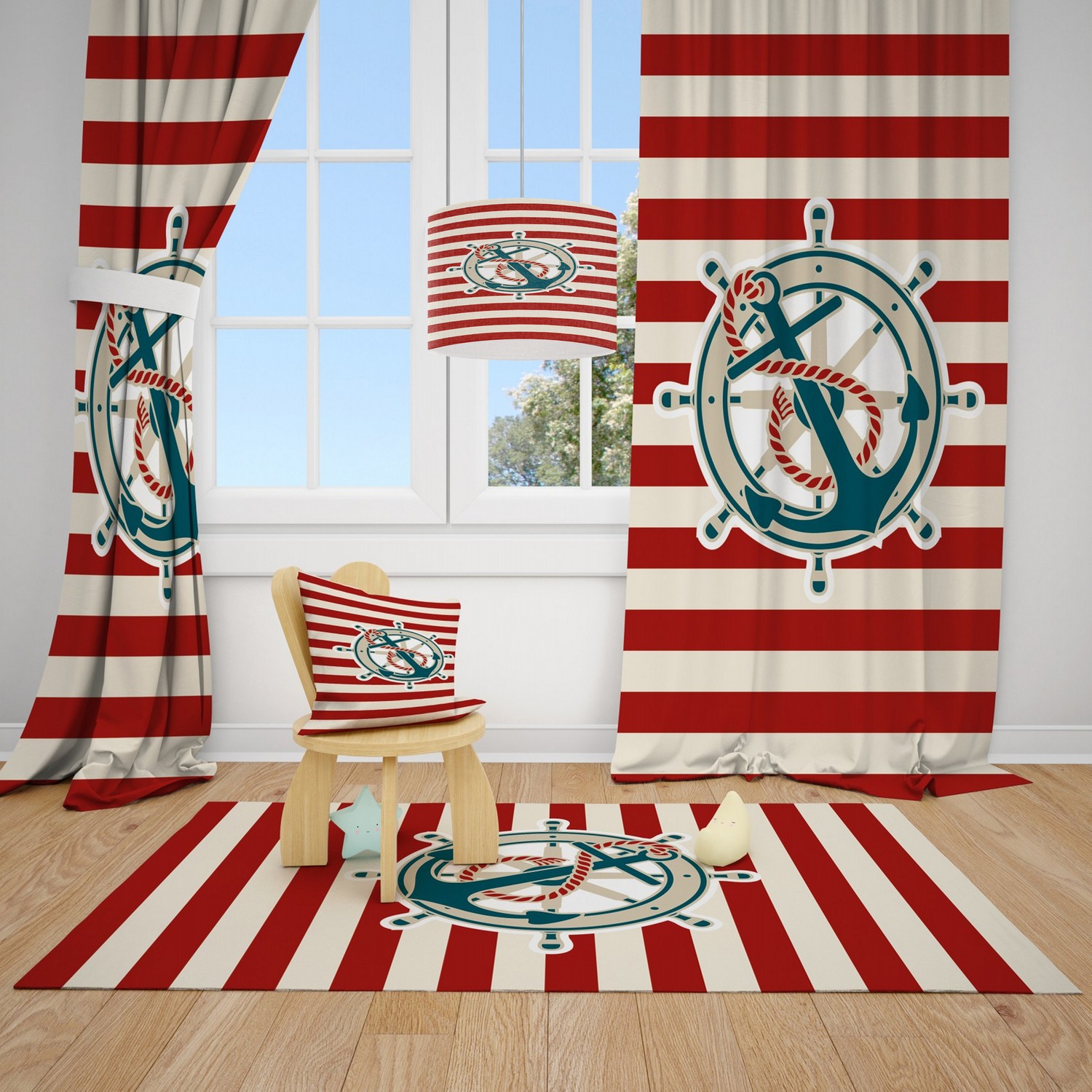 Cici Halı Kırmızı Çizgili Çapa Dümen Çocuk Bebek Odası Fon