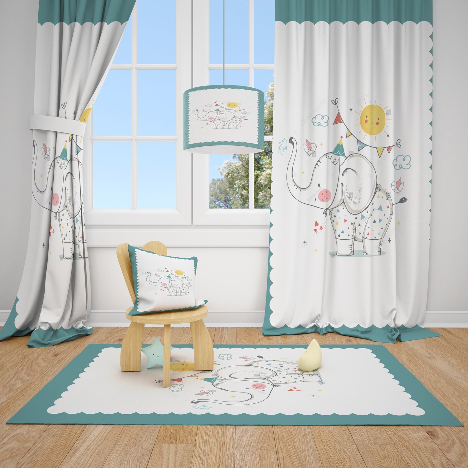 Cici Tasarım Kutlama Yapan Fil Çocuk Bebek Odası Fon Perde