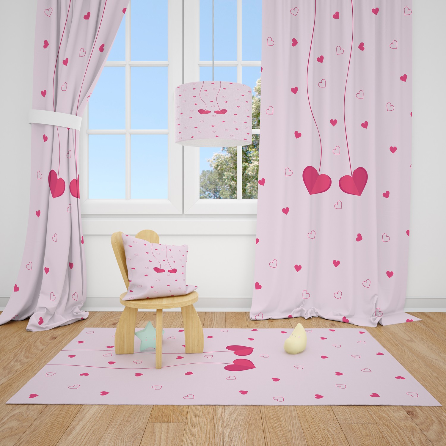 Cici Halı Pembe Serpme Kalpli Çocuk Bebek Odası Fon Perde