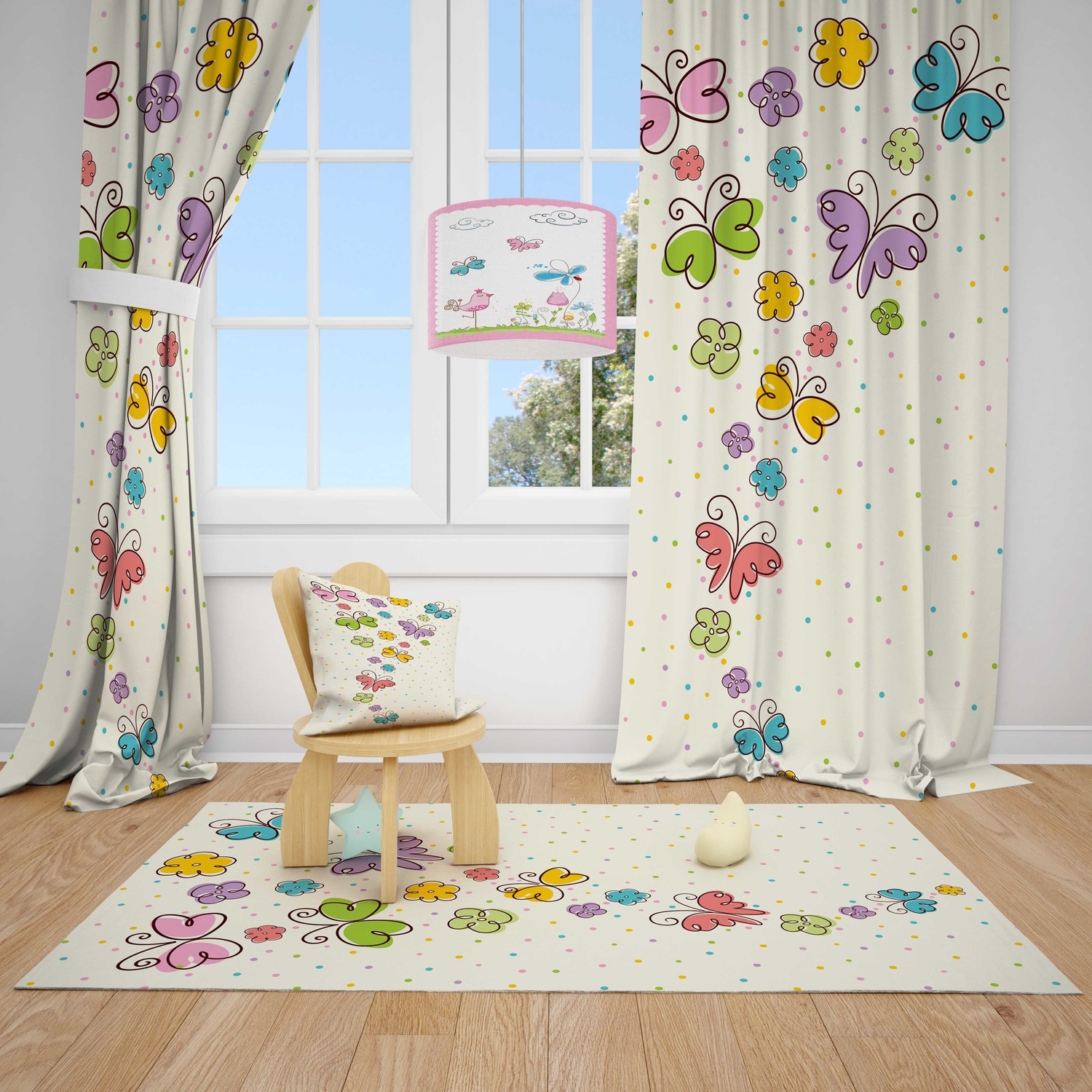 Cici Tasarım Renkli Kelebekli Çocuk Bebek Odası Fon Perde