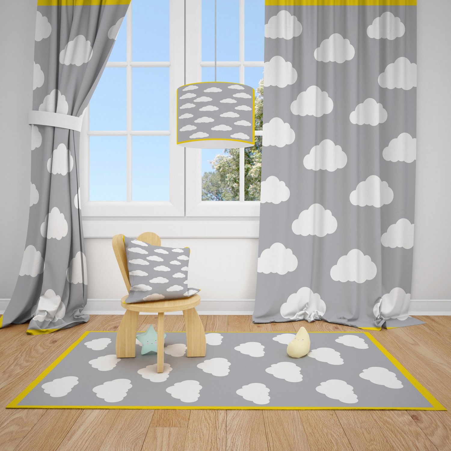Cici Halı Sarı Çerçeve ve Bulutlar Çocuk Bebek Odası Fon