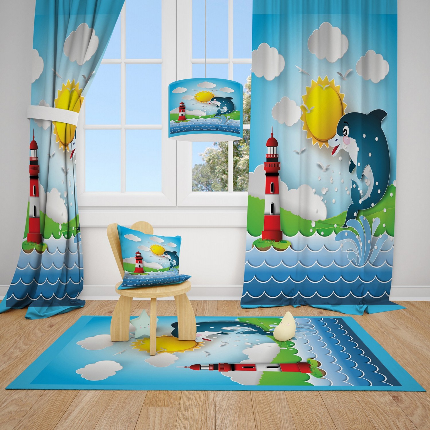 Cici Halı Yunus Fener ve Güneş Çocuk Bebek Odası Fon Perde