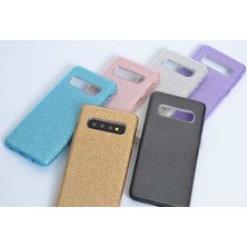 Case 4U Samsung Galaxy S10 Plus Kılıf Çift Katmanlı Simli Shining Sert Silikon Arka Kapak Mavi