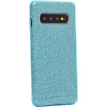 Case 4U Samsung Galaxy S10 Plus Kılıf Çift Katmanlı Simli Shining Sert Silikon Arka Kapak Mavi