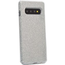 Case 4U S10 Plus Kılıf Çift Katmanlı Simli Shining Sert Silikon Arka Kapak Gümüş