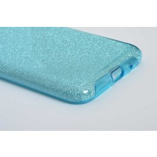 Case 4U Huawei Y5 2018 Kılıf Çift Katmanlı Simli Shining Sert Silikon Arka Kapak Mavi