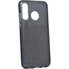 Case 4U Huawei P30 Lite Kılıf Çift Katmanlı Simli Shining Sert Silikon Arka Kapak Siyah