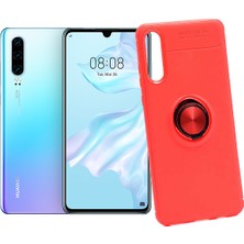 Case 4U Huawei P30 Kılıf Autofocus Shockprof Ravel Yüzüklü Standlı Slikon Kapak Kırmızı