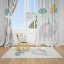 Cici Odam Çizgili Zemin Fil Bulut ve Balonlar Çocuk Bebek Odası Fon Perde 2 Kanat 70x270