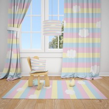 Cici Tasarım Gökkuşağı Zemin ve Beyaz Bulutlar Çocuk Bebek Odası Fon Perde 2 Kanat