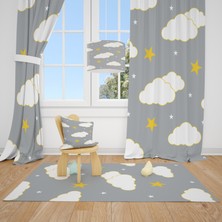 Cici Tasarım Gri Zemin Sarı Çizgiler Bulutlar Çocuk Bebek Odası Fon Perde 1 Kanat