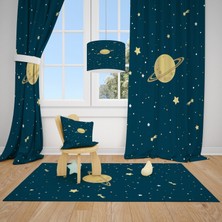 Cici Tasarım Kayan yıldızlar ve Satürn Çocuk Bebek Odası Fon Perde 2 Kanat