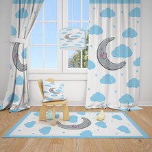 Cici Odam Mavi Bulutlar ve Sevimli Ay Çocuk Bebek Odası Fon Perde 1 Kanat