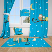 Cici Tasarım Mavi Zemin Bulut ve Baykuşlar Çocuk Bebek Odası Fon Perde 1 Kanat 70 x 270 cm