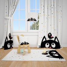 Cici Odam Noktalı Zemin ve Siyah Kedi Çocuk Bebek Odası Fon Perde 1 Kanat 70 x 270 cm