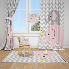 Cici Tasarım Pembe Gri Fil Sarı Kuş Zigzag Zemin Çocuk Bebek Odası Fon Perde 2 Kanat