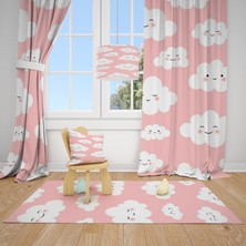 Cici Tasarım Pudra Pembe Zemin Sevimli Bulutlar Çocuk Bebek Odası Fon Perde 1 Kanat