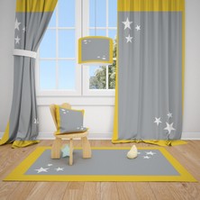 Cici Tasarım Sarı Kenar Gri Zemin ve Köşe Yıldızlar Çocuk Bebek Odası Fon Perde 2 Kanat