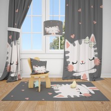 Cici Tasarım Sevimli Kedi ve Kalpler Çocuk Bebek Odası Fon Perde 2 Kanat