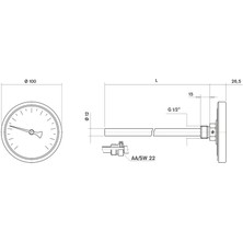 Pakkens Termometre 0-120 °C Çap 100 mm Daldırma Boyu 30 cm Arkadan Bağlantılı G 1/2 inç