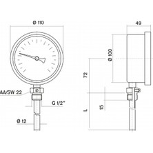 Pakkens Termometre 0-300 °C Çap 100 mm Daldırma Boyu 15 cm Alttan Bağlantılı G 1/2 inç