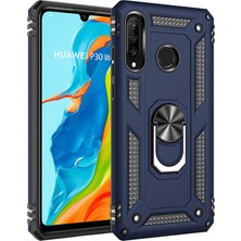 Case 4U Huawei P30 Lite Kılıf Çift Katmanlı Yüzüklü Manyetik Vega Kapak Lacivert