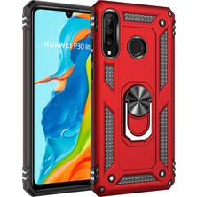 Case 4U Huawei P30 Lite Kılıf Çift Katmanlı Yüzüklü Manyetik Vega Kapak Kırmızı