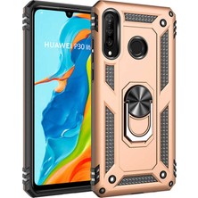 Case 4U Huawei P30 Lite Kılıf Çift Katmanlı Yüzüklü Manyetik Vega Kapak Altın