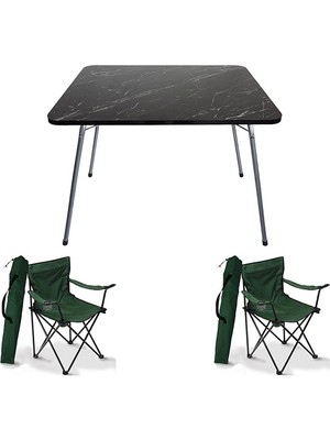 Bofigo 60X80 Granit Desen Katlanır Masa + 2 Adet Kamp Sandalyesi Katlanır Sandalye Piknik Plaj Sandalyesi Yeşil