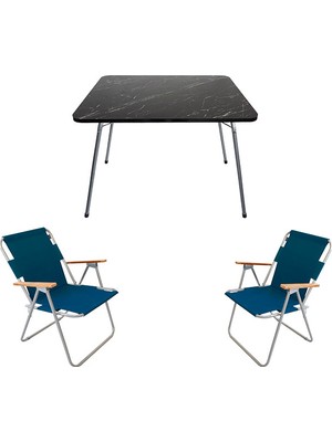 Bofigo 60X80 Granit Desenli Katlanır Masa + 2 Adet Katlanır Sandalye Kamp Seti Bahçe Balkon Takımı Mavi