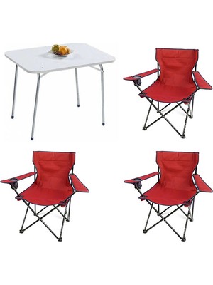 Bofigo 60X80 Katlanır Masa + 3 Adet Kamp Sandalyesi Katlanır Sandalye Piknik Plaj Sandalyesi Kırmızı