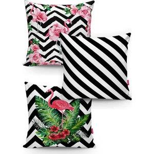 Realhomes Modern Flamingo Motifli Dekoratif 3'lü Kırlent Kılıfı Seti
